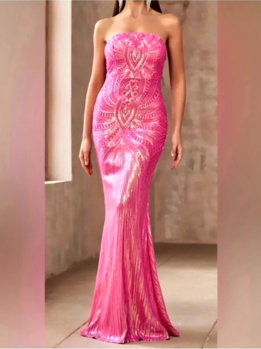 Pink Strapless Sequin Maxi Gown